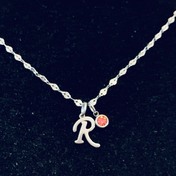 Letter Initial (cursive font) chain necklace with birthstone charm - Picture 2 of 7